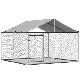 Comparer les prix de Chenil d’Extérieur avec 1 Enclos pour Chien et 1 Toit Porte Verrouillable - TCQPZ - Métal Galvanisé et PE - Argent