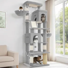 Comparer les prix de Arbre à Chat XXL 213 cm Haut 2 Plateformes Un HamacConvient à Toutes Les Races de Chats Notamment Le Maine Coon. Gris Clair