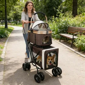 Comparer les prix de POUSSETTE PLIABLE ET PORTABLE POUR CHATS ET CHIENS - HOMEWELL - DOUBLE COUCHE MARRON 58 X 46 X 97 CM