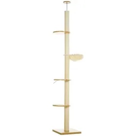 Comparer les prix de Arbre À Chat Plafond Anti-Basculement - Poteaux Sisal Et Structure Bois Chêne/Blanc Crème - Stable Et Durable
