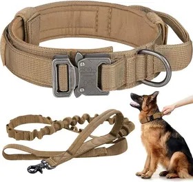 Comparer les prix de Collier Tactique Réglable Pour Chien Avec Poignée De Contrôle Et Boucle En Métal Livré Avec Une Laisse Élastique L(42-54cm) Kaki