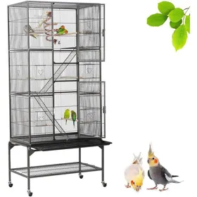 Meilleurs prix pour Volière oiseaux 3 niveaux 81 x 465 x 1755 cm barreaux 1 cm roulettes 360° noir perchoirs et mangeoires inclus