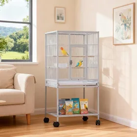 Comparer les prix de Grand cage oiseaux - avec support et roulettes - pour cacatoès perruche canaris perroquet - acier -48.5 x 46 x103cm -blanc