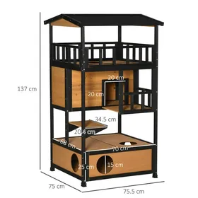Meilleurs prix pour maison pour chats en bois de sapin niche pour chats 4 étages avec escalier toit en asphalte résistant à lhiver jaune