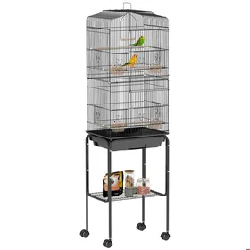 Comparer les prix de Cage à oiseaux sur pied - PawHut - sur roulettes - avec toit ouvrant 3 perchoirs étagère inférieure - 465 x 36 x 157 cm - noir