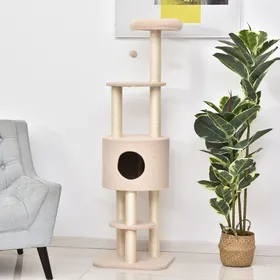 Meilleurs prix pour Arbre à Chats Beige avec Griffoir Niche Poteaux Cashemire Simple Face - 45x40x148 cm