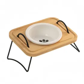 Comparer les prix de Gamelle pour chat 0.3l 20.8x15.9x9.3cm matériau céramique support bois surélevé bord plat anti-débordement anti-renversement