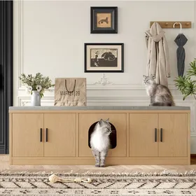 Comparer les prix de Meuble pour chat dissimulé 2 portes étagère réglable ventilation et griffoir chêne 140×40×455 cm - UVRION