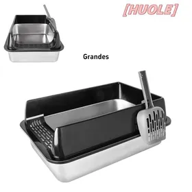 Meilleurs prix pour HUOLE Bac à litière en acier inoxydable au design moderne, durable et facile à nettoyer, Grandes, noir 60*40*30cm.