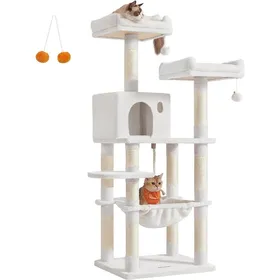 Meilleurs prix pour Feandrea Arbre À Chat Hauteur 143CmTour De Jeux Pour ChatAvec 11 Poteaux À Griffer2 Plateformes1 Niche1 Hamac2 PomponsEn Ti