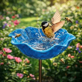 Comparer les prix de Abreuvoir À Oiseaux Sur Pied 65 cm Bain D’oiseaux En Alliage Résistant Intempéries Forme Fleur Bleu Pour Jardin Balcon