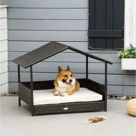 Comparer les prix de Niche pour Chien avec Toit et Coussin Imperméable - ELVMI - Intérieur Extérieur en PE Rotin Marron 98 × 69 × 70 cm