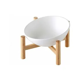 Comparer les prix de Blanc Porte-gamelle Surélevée Gamelle incliné pour Chien et Chat Céramique avec Bambou Support en Bois Petit