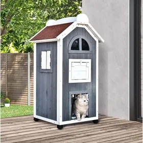 Meilleurs prix pour maison pour chat cabane en bois de sapin avec toit en asphalte 2 niveaux intérieur extérieur gris 59 x 55 x 109 cm ORVRYN
