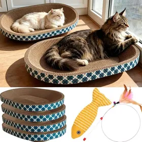 Meilleurs prix pour Panier Grattoir pour Chat avec Jouets Lot de 4 Griffoirs Ovales en Carton Bol à Gratter pour Intérieur XXL(58×42×8cm) CORBEILLE