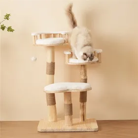 Comparer les prix de Arbre à Chat en Bois Massif 98 cm Design Scandinave Nuage - 3 Niveaux Coussins Amovibles Lavables 2 Balles - Blanc & Bois Naturel
