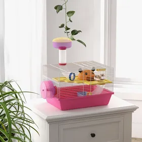 Meilleurs prix pour Cage à hamster rat rongeur multicolore avec plateforme biberon eau roue maisonnette 34 x 27 x 25 cm rose