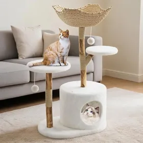 Meilleurs prix pour Arbre à chat 117 cm – Bois massif – Panier en rotin – Plateformes rembourrées – Griffoirs en sisal – Jouets pompons – Style1