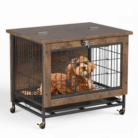 Meilleurs prix pour Garvee Cage meuble bois chien 67x50x65cm double porte roulettes plateau amovible anti-morsure fuite table d’appoint moderne