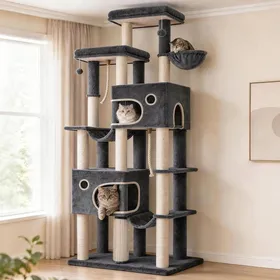 Meilleurs prix pour Arbre à Chat XXL Grand Tour à Chat de 213 cm de Haut 2 Grand Plateformes Grottes 2 Hamacs Pompons Gris foncé