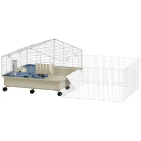 Meilleurs prix pour Enclos - Chenil Cage pour lapin et rongeurs avec parc roues rampe mangeoire à foin bol et bouteille deau - Blanc