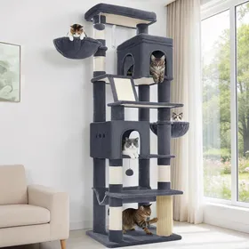 Meilleurs prix pour Arbre à Chat XXL 213 cm Haut 2 Plateformes 2 Niches Convient à Toutes Les Races de Chats Notamment Le Maine Coon Gris Foncé
