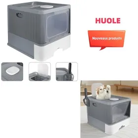 Meilleurs prix pour HUOLE Bac à litière pour chat design à tiroir utilisation efficace de lespace facile à nettoyer 48*37*38cm gris.