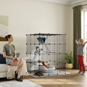 Meilleurs prix pour Clôture pour animaux domestiques lapin enclos intérieur 4 niveaux modulable panneaux grillagés 105 x 105 x 140 cm noir