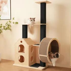 Comparer les prix de Arbre à chat pour chat actif bois massif roue exercice 4 plateformes 2 niches sisal tapis amovible et lavable ARBRE A CHAT