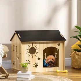 Meilleurs prix pour Niche pour chien en MDF intérieur toit pointu avec ouvertures de ventilation Marron 69 × 50 × 585 cm - UVRION