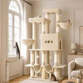 Comparer les prix de Arbre à Chat 176 cm 2 Grandes Grottes 9 Poteaux à Griffer en Sisal 2 Hamacs  Pompons Convient aux Chats Maine Coon Beige