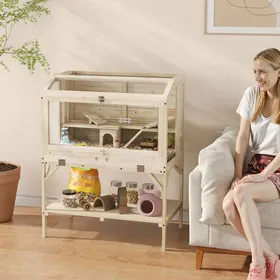 Meilleurs prix pour Cage hamster en bois cage rongeur à 2 niveaux étagère de rangement couvercle ouvrant 84 x 53 x 110 cm bois naturel