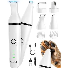 Meilleurs prix pour Tondeuse sans fil pour chien et chat ONEISALL silencieuse 4 têtes interchangeables kit toilettage complet – Blanc