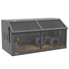 Comparer les prix de Cage hamster bois 100x52x50 cm clapier petit animal avec pont suspendu échelles cabane toit ouvrant gris foncé