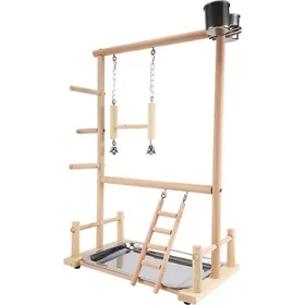 Meilleurs prix pour Perchoir en bois naturel pour perroquets – Support de jeu avec échelles et mangeoires en acier inoxydable – Dimensions 365 x 23 x