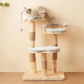 Meilleurs prix pour Arbre à Chat en Bois Massif 98 cm Design Nuage - 3 Niveaux avec Coussins Amovibles et Lavables 2 Balles de Jeu - Naturel & Élégant