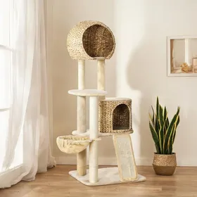 Comparer les prix de Arbre à chat 150 cm avec maison en osier synthétique hamac plateformes rampe et sécurité anti-basculement neutre beige 60x60 cm