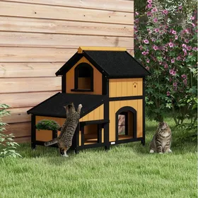 Meilleurs prix pour Niche pour chat extérieur 2 étages avec toit asphalté jardinière latérale bois 96 x 65 x 855 cm ORVRYN