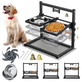 Comparer les prix de Gamelle Chien Surélevées de 3 Hauteurs Ajustables et Inclinaison de 0-90°,2 gamelles en Acier Inoxydable et Tapis