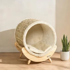 Comparer les prix de Niche pour chat surélevée en bois de pin avec surface à gratter coussin inclus lin beige 41x38x43 cm