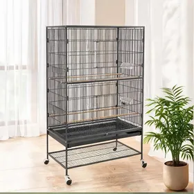 Comparer les prix de Grande volière en acier soft gray 94x57x153 cm avec perchoirs et rangement intégré