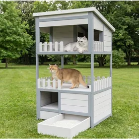 Comparer les prix de Niche pour chat dextérieur double étage avec tiroir galvanisé - TCQPZ - bois massif résistant gris 68 × 64 × 124 cm