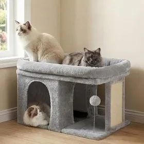 Meilleurs prix pour Arbre à Chat Tour de 35 cm avec Grande Plateforme de Repos et Cabane pour Chats Adultes dIntérieur Poteaux à Griffes Gris Clai