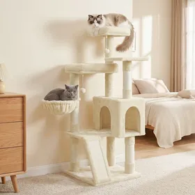 Meilleurs prix pour Arbre à chat avec 3 Plateformes Maison et Panier Griffoir pour Salon Hauteur 136 cm Beige