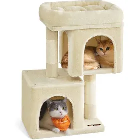 Comparer les prix de Feandrea Arbre À Chat,Tour De Jeux 67Cm,S,Maison Pour Chatons Jusqu’À 3 Kg,Grande Plate-Forme,2 Niches,Griffoir,Beige Pct611M01