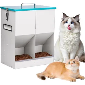 Comparer les prix de Distributeur automatique de croquettes pour chat - ZGEER - 10L - 2 bols - Métal - 28.5x17.5x35.5 cm - Bleu + Blanc