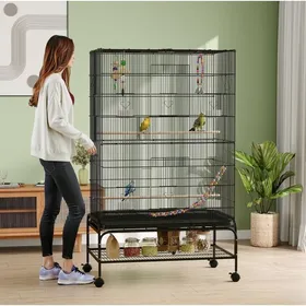 Meilleurs prix pour Grande volière pour oiseaux en acier noir sur roulettes toit ouvrant bac amovible 97 x 58 x 160 cm