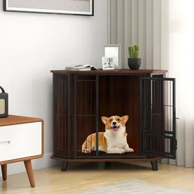 Comparer les prix de Meuble D'angle Pour Chien Costway, Porte Verrouillable De Nourriture, Pieds En Bois Caoutchouc, Cadre En Métal, Plateau De Travail