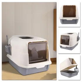 Comparer les prix de JEOBEST. Bac à litière fermé anti-odeurs pour chat, blanc cassé + gris, livré avec 1 pelle à litière et 1 sac déodorant