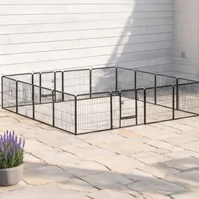 Meilleurs prix pour Enclos modulable en acier gris pour chien – 16 panneaux avec 2 portes intérieur/extérieur 60 cm de hauteur